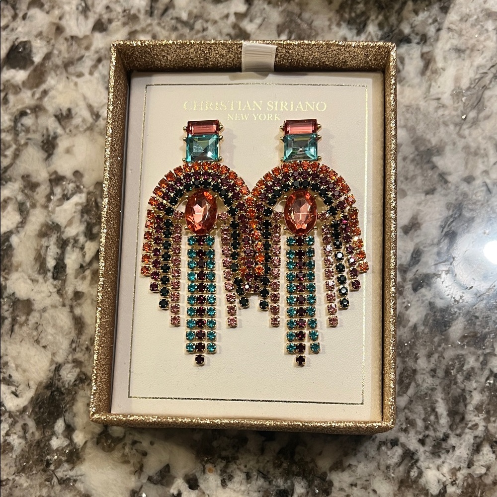 Christian Siriano Vibrant Jewel-Toned Rainbow Rhinestone Earrings - New in box